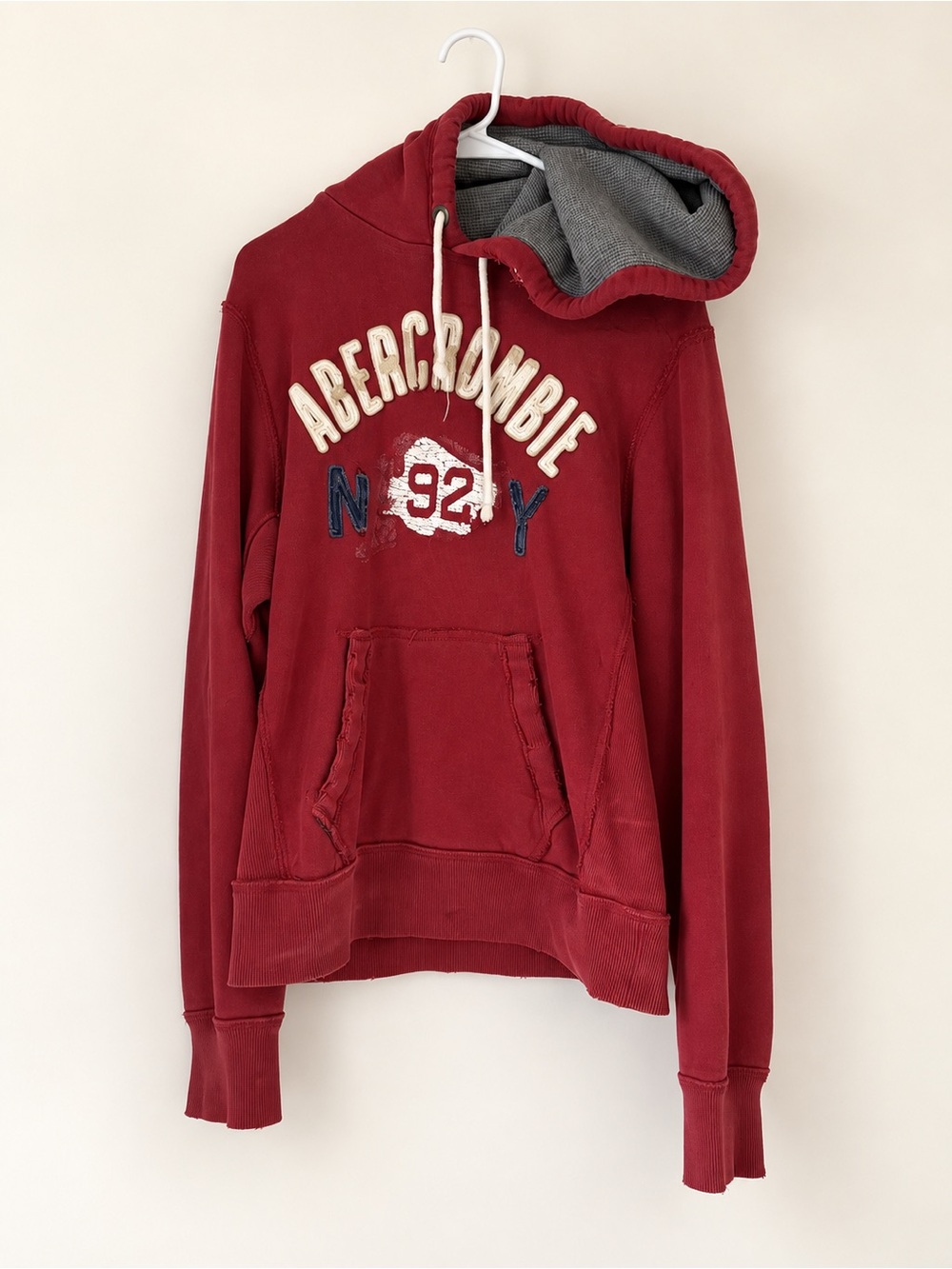Vintage Abercrombie and Fitch Red NY 92 Distressed Hoodie Y2K Medium